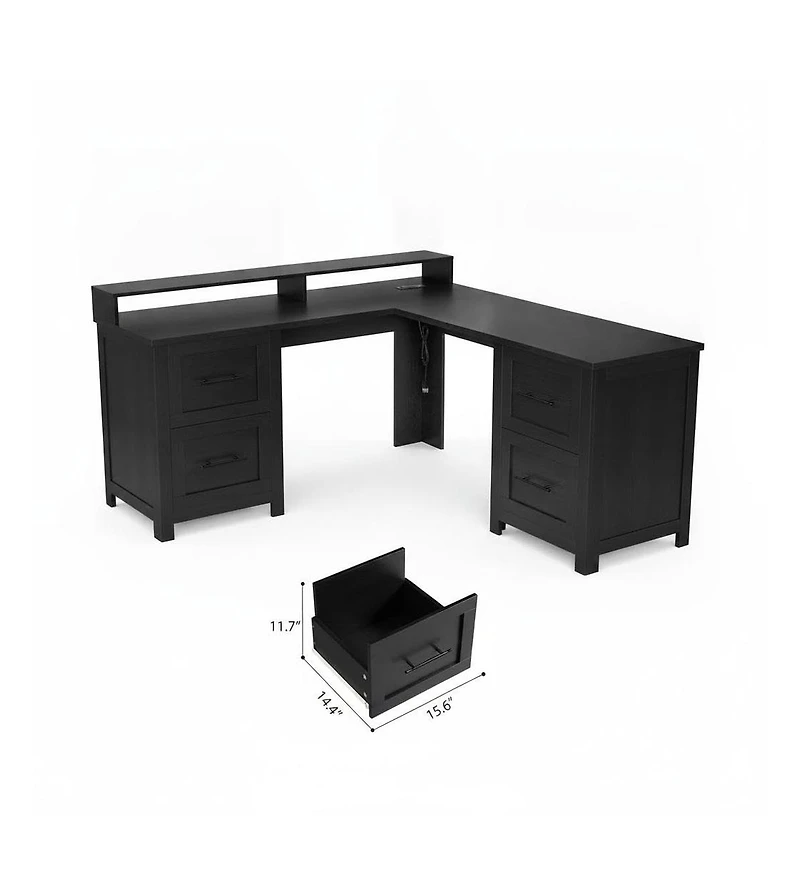 L-Shaped Executive Desk, 63" Corner Computer Desk with 4 File Drawers, Monitor Stand, Built-in Power Outlets, Workspace Organization