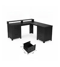 L-Shaped Executive Desk, 63" Corner Computer Desk with 4 File Drawers, Monitor Stand, Built-in Power Outlets, Workspace Organization