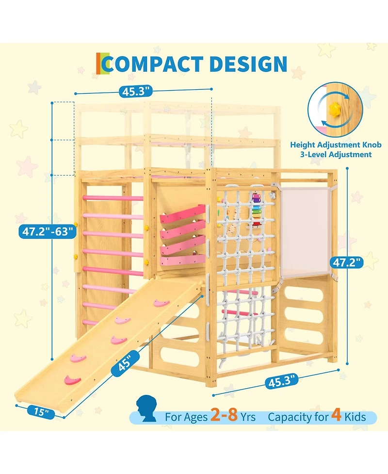 9-in-1 Indoor Jungle Gym, Wooden Playground for 2-8, Climbing Structure with Slide, Monkey Bars, Ladder, Rock Wall, Climbing Net, Rings