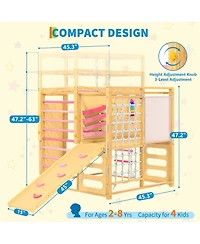 9-in-1 Indoor Jungle Gym, Wooden Playground for 2-8, Climbing Structure with Slide, Monkey Bars, Ladder, Rock Wall, Climbing Net, Rings