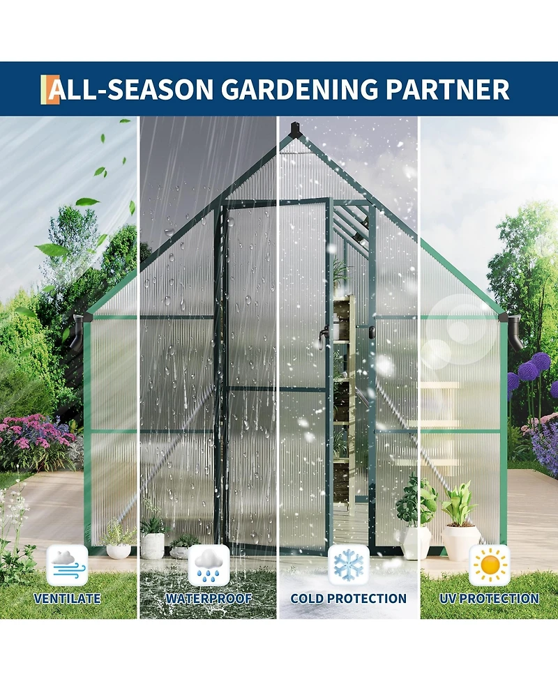 8 x 10 Ft Walk-in Greenhouse with Aluminum Frame and Pc Panels, Outdoor Sun Room for Garden Backyard Patio, Silver/Green