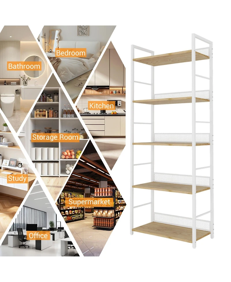 24x12x61 in 5-Tier Steel Storage Shelf, Engineered Wood Shelves, Diamond Mesh Back, for Living Room Kitchen Office, White/Black
