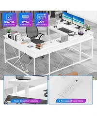 79 Inch U-Shaped Computer Desk with Power Outlets and Led Lights, Engineered Wood Top with Steel Frame for Home Office Gaming Study, White Willow