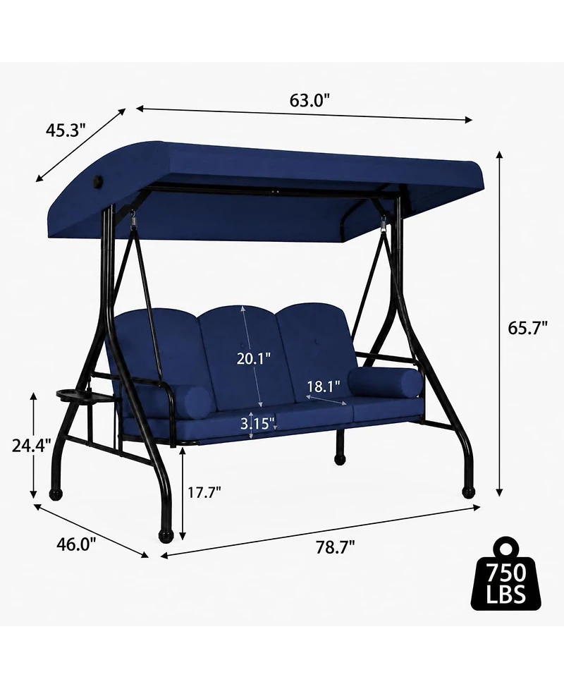 76" x 47" x 68" 3-Seat Porch Swing with Cup Holders, Outdoor Patio Swing with Reclining Backrest, Weather Resistant for Garden, Deck,Khaki/Red/Blue