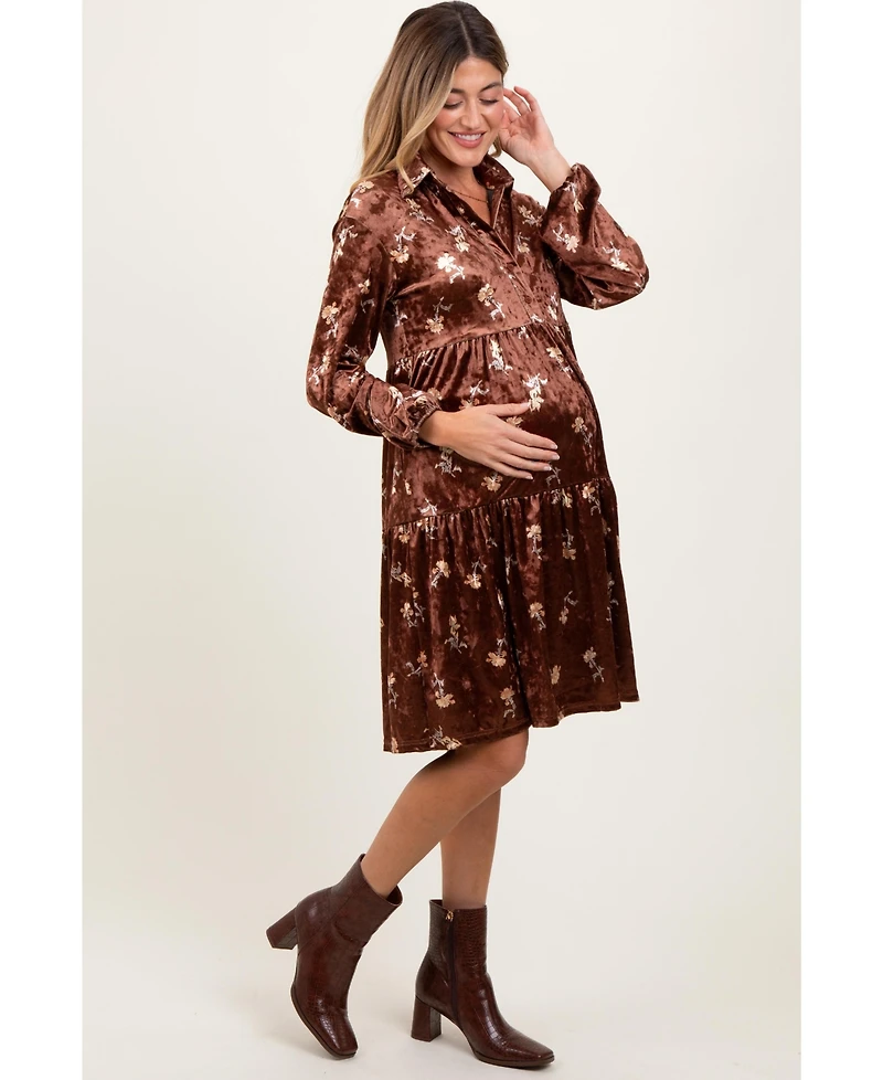 Pinkblush Women's Brown Floral Velvet Button Down Midi Dress