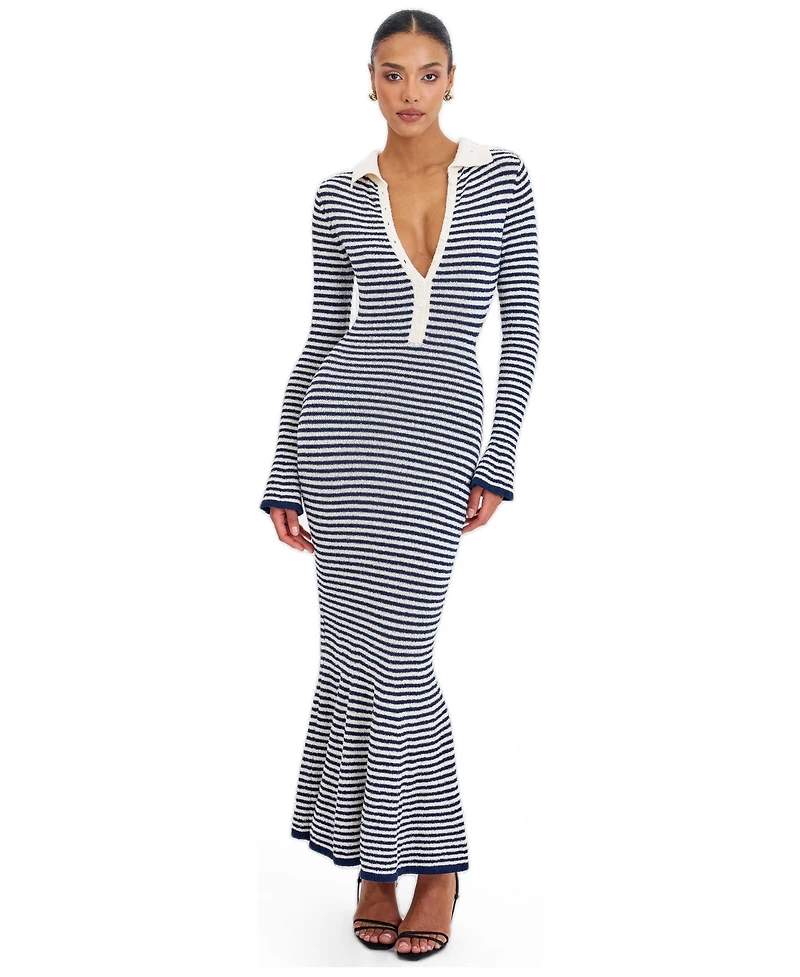Miss Circle Women's Xelie Navy and White Cotton Terry Knit Mermaid Maxi Dress
