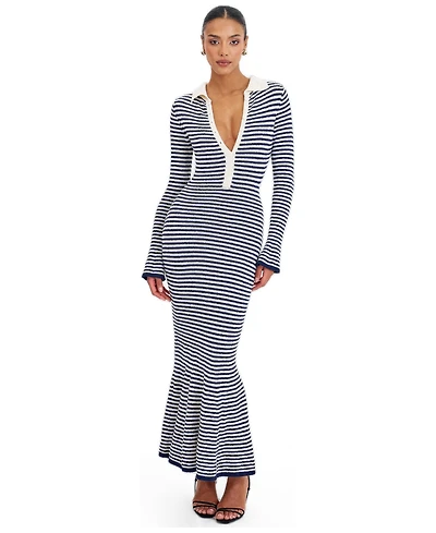 Miss Circle Women's Xelie Navy and White Cotton Terry Knit Mermaid Maxi Dress