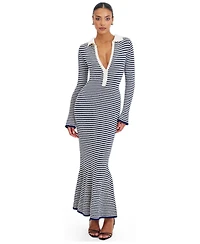 Miss Circle Women's Xelie Navy and White Cotton Terry Knit Mermaid Maxi Dress