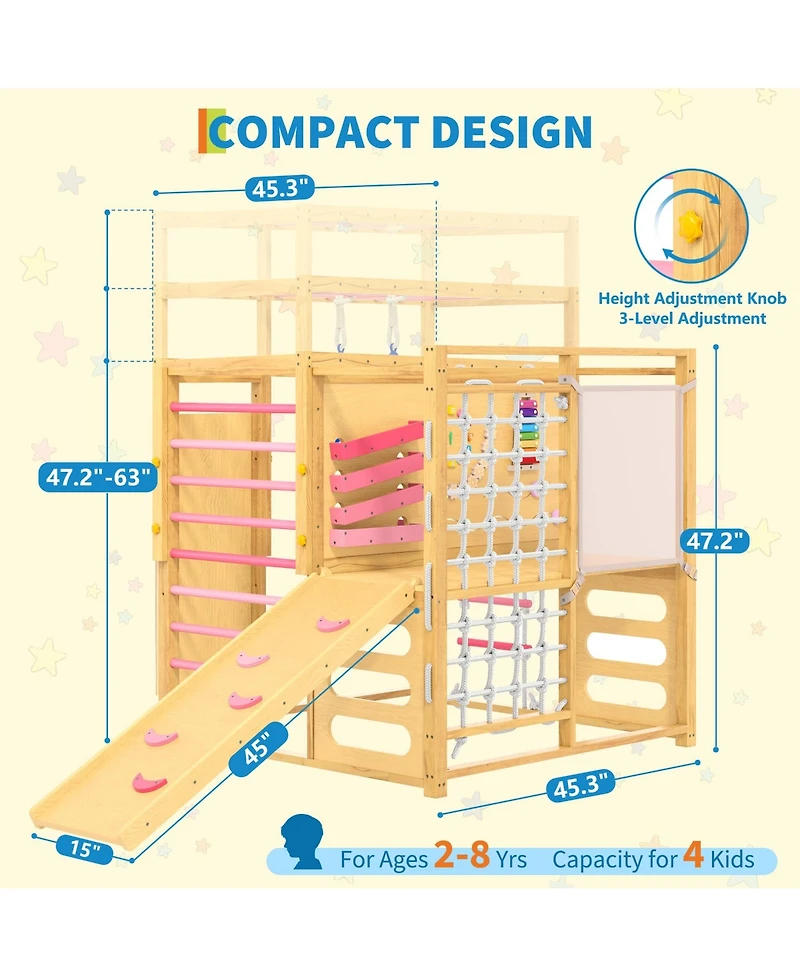 9-in-1 Outdoor Jungle Gym, Wooden playground for kids 2-8, Climbing Structure with Slide, Monkey Bars, Rope Ladder, Rock Wall, Climbing Net, Rings