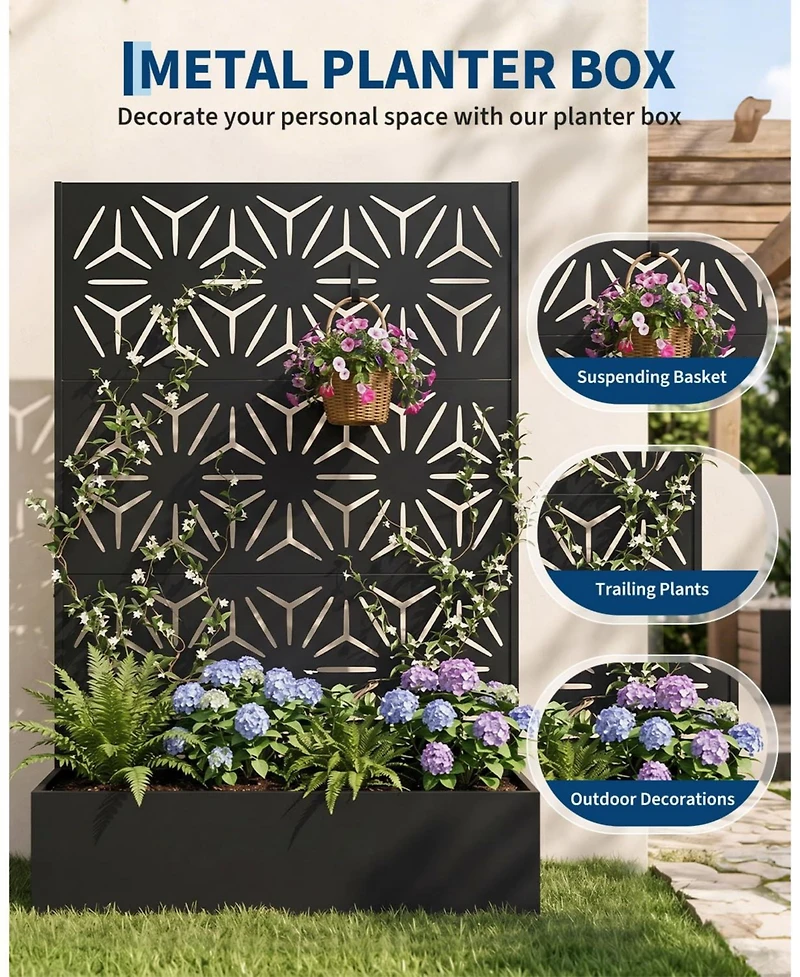 44 x 71 16 Steel Privacy Screen Planter Box, Decorative Metal Plant Holder for Backyard Patio Garden, Black