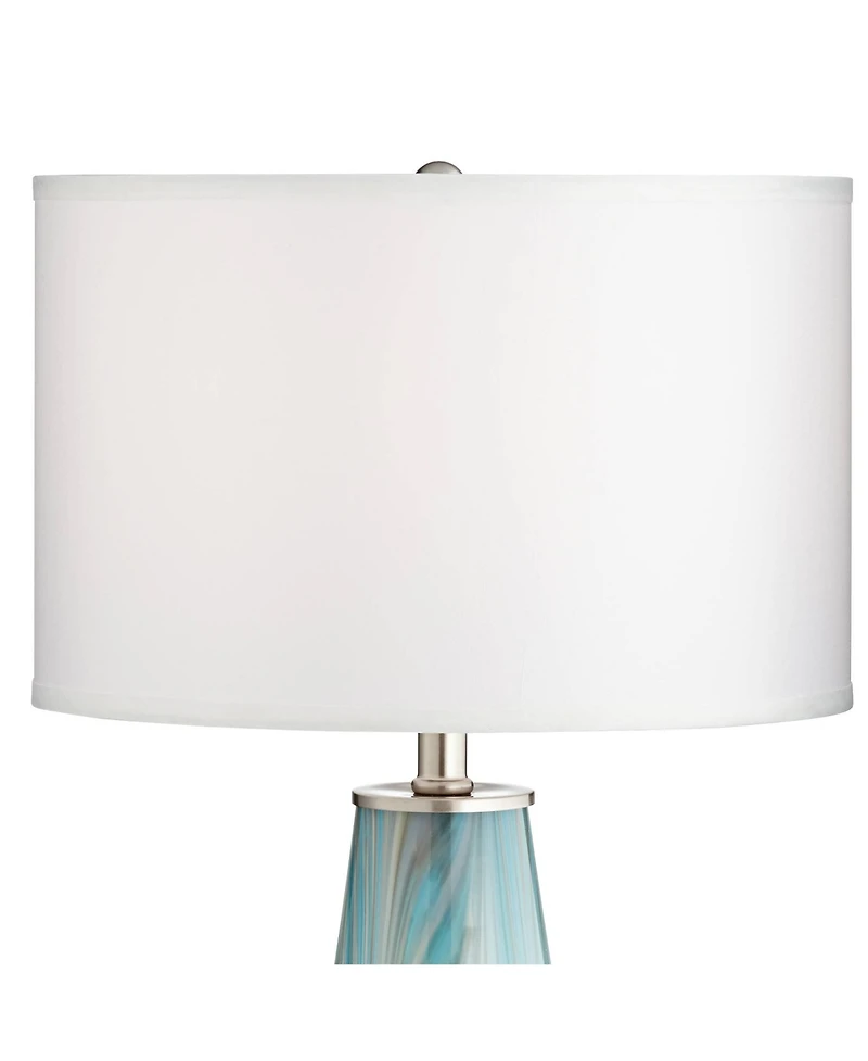 Possini Euro Design Jaime Modern Table Lamp with Square White Marble Riser 26" High Blue Gray Art Glass Drum Shade for Bedroom Living Room Bedside