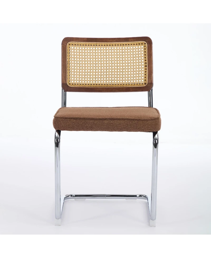Flynama Set of 2 Cane Back Linen Upholstered Chrome Steel Pipe Base Cantilever Dining Chairs