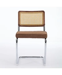 Flynama Set of 2 Cane Back Linen Upholstered Chrome Steel Pipe Base Cantilever Dining Chairs