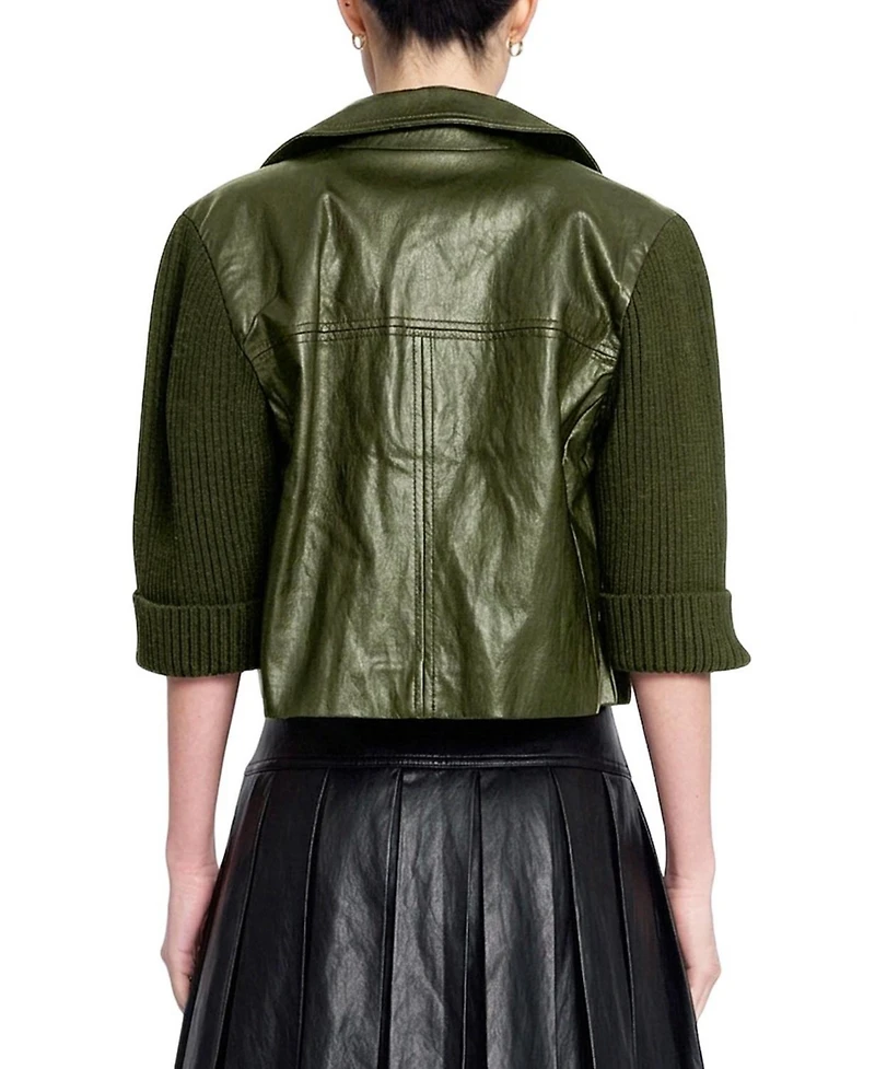 Central Park West Women's Quinn Faux-Leather with Knit Sleeves Cropped Jacket