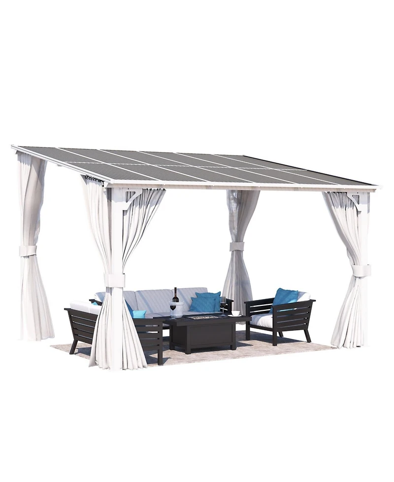 Aecojoy 12' x 10'Wall Mounted Hardtop Gazebo Lean to Metal Pergola with Curtains Netting Patio