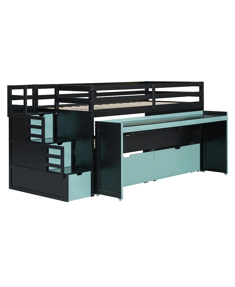 Clihome Twin Xl Loft Bed with Pull-Out Desk and Trundle, Multi-Functional Bunk 2 Storage Drawers Steps