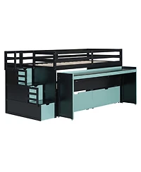 Clihome Twin Xl Loft Bed with Pull-Out Desk and Trundle, Multi-Functional Bunk 2 Storage Drawers Steps
