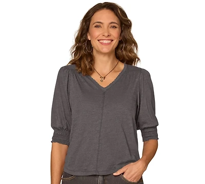 Democracy Petite Elbow-Length Blouson Scalloped V-Neck Blouse