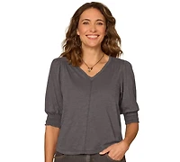 Democracy Petite Elbow-Length Blouson Scalloped V-Neck Blouse