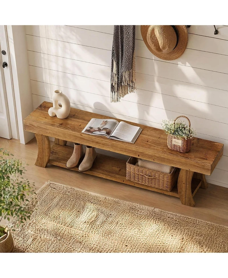 Tribesigns Solid Wood Bench, 63" Long Farmhouse Entryway Bench with Storage, Rustic Narrow Shoe Storage Bench Seat