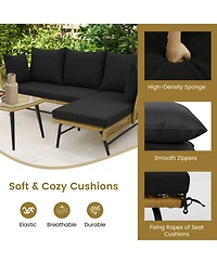 Sugift 3-Piece L-Shape Outdoor Rattan Patio Sofa Set with Glass Coffee Table