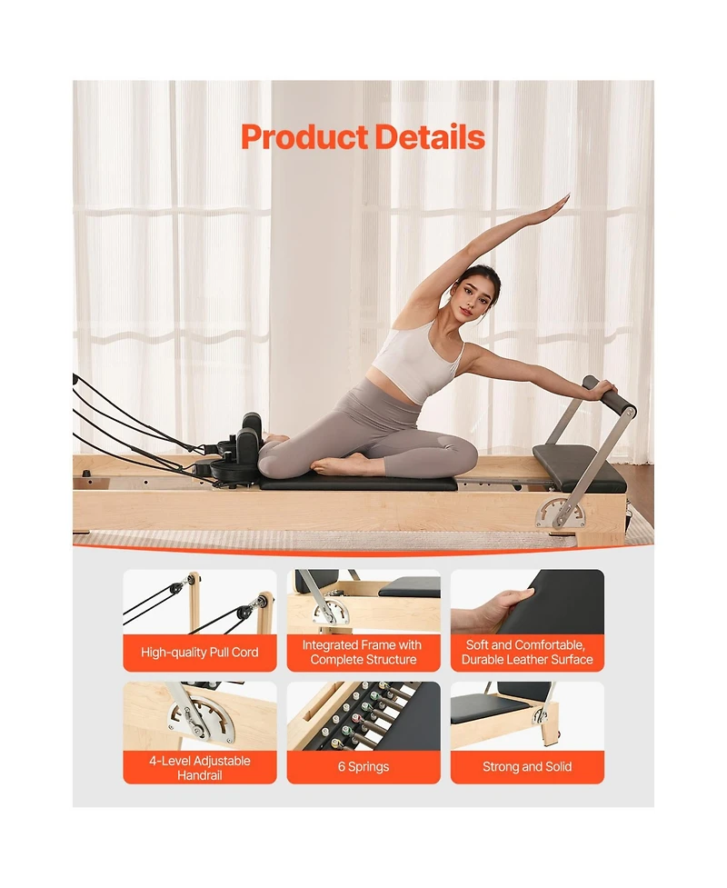 Vevor Pilates Reformer Wood Pilates Machine Home Gym Workout Equipment with Resistance