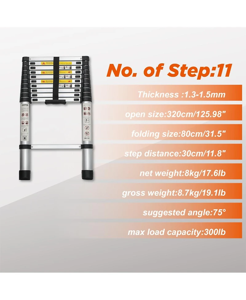 Streamdale Furniture 10.5FEET Telescoping Aluminum Extension Ladder, 300 lbs Capacity