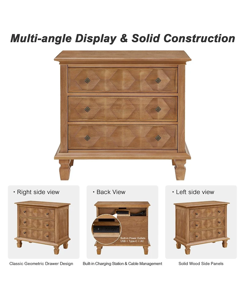 Streamdale Furniture Farmhouse Nightstand with Charging Station and 3 Drawers