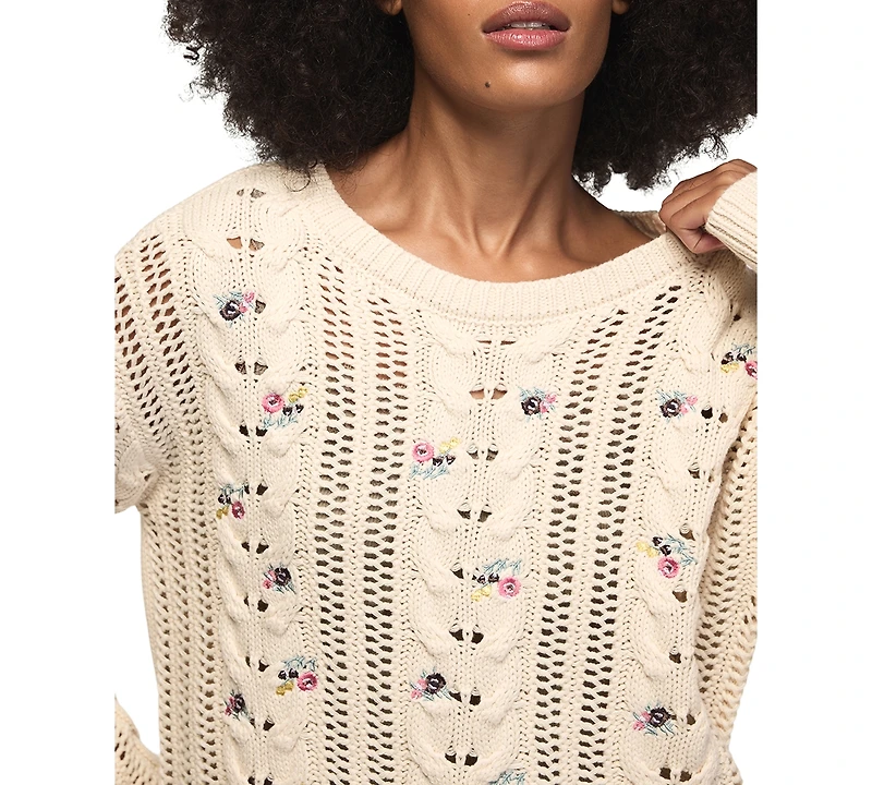 Lucky Brand Women's Floral-Embroidered Cable-Knit Crewneck Sweater