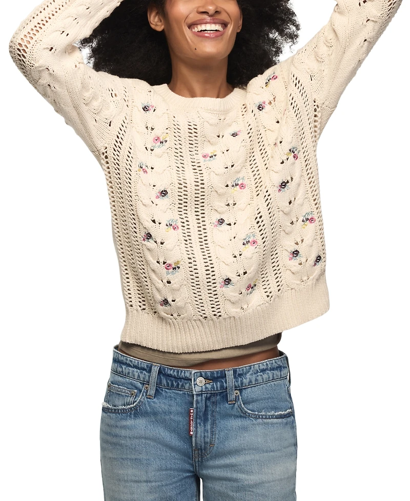Lucky Brand Women's Floral-Embroidered Cable-Knit Crewneck Sweater