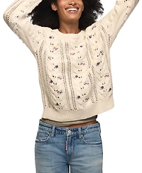 Lucky Brand Women's Floral-Embroidered Cable-Knit Crewneck Sweater