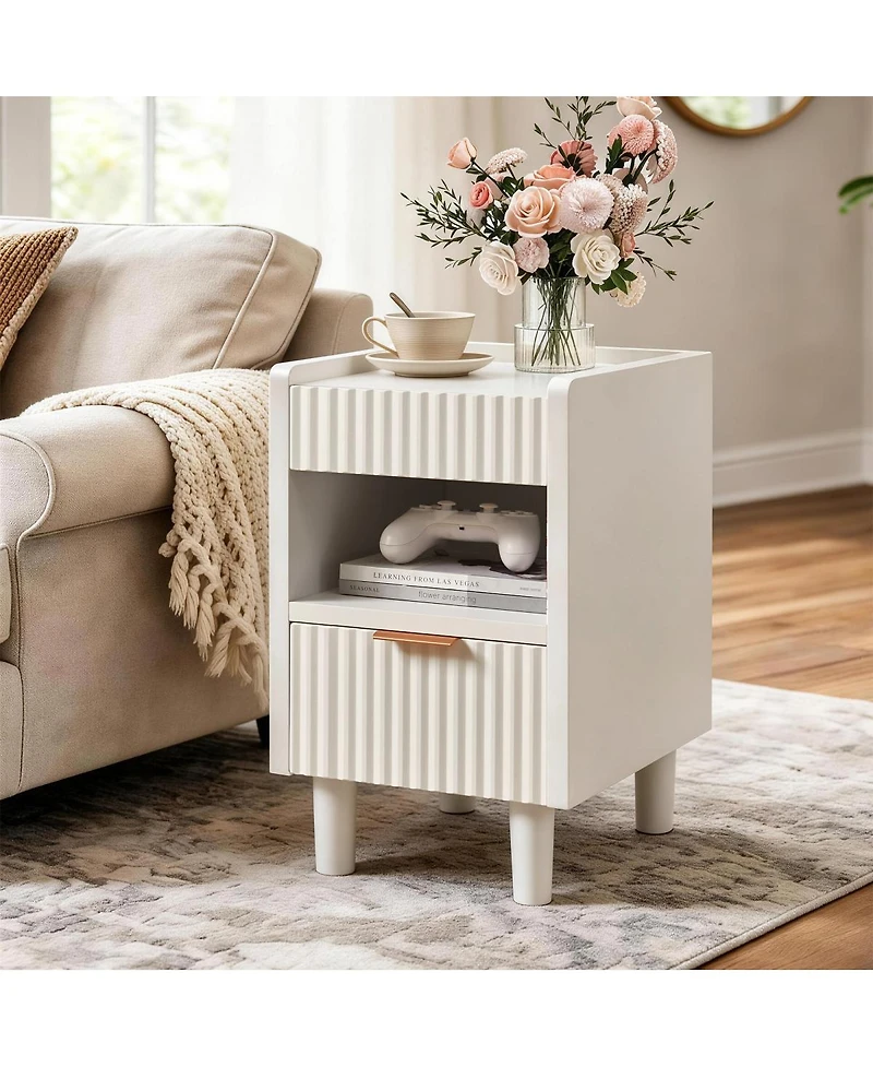 Streamdale Furniture Fluted Wood Nightstands, 2 Pack Modern Bedside Tables with Drawer
