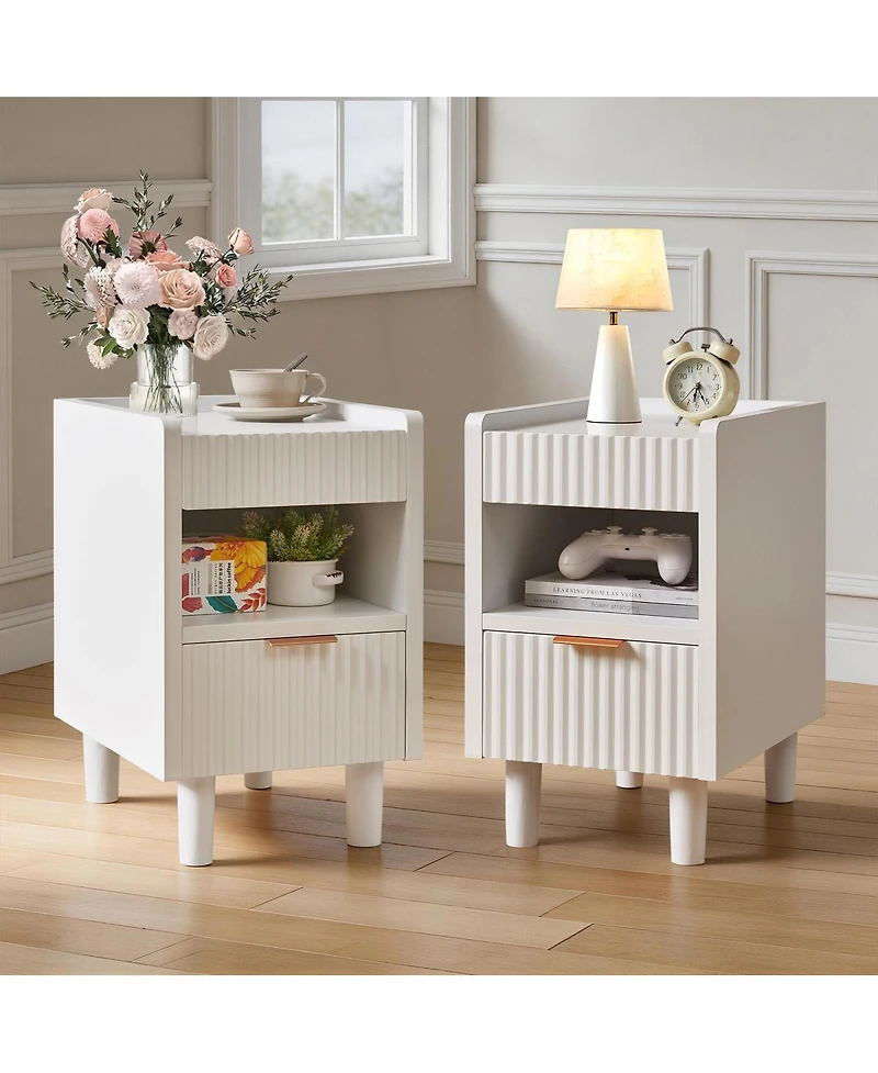 Streamdale Furniture Fluted Wood Nightstands, 2 Pack Modern Bedside Tables with Drawer