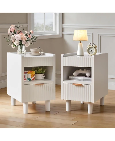 Streamdale Furniture Fluted Wood Nightstands, 2 Pack Modern Bedside Tables with Drawer