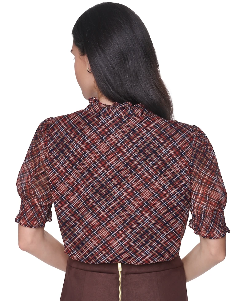 Tommy Hilfiger Women's Mock-Neck Short-Sleeve Plaid Blouse
