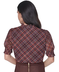 Tommy Hilfiger Women's Mock-Neck Short-Sleeve Plaid Blouse