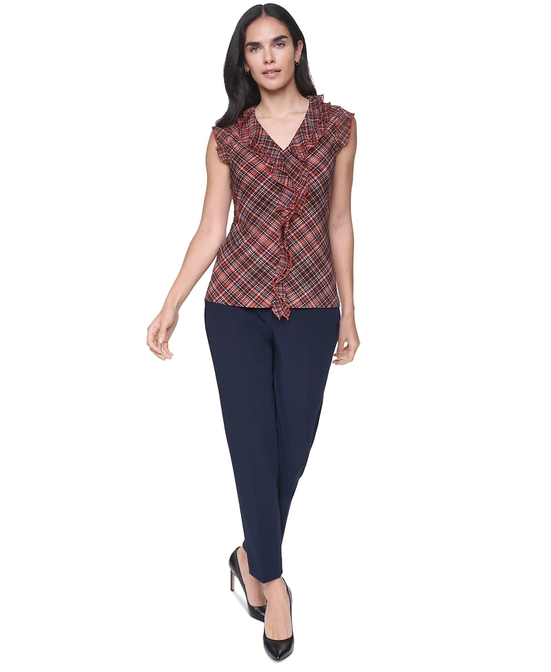 Tommy Hilfiger Women's V-Neck Plaid Ruffle Sleeveless Blouse