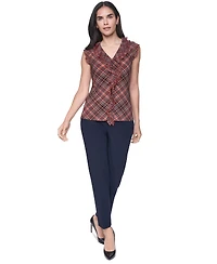 Tommy Hilfiger Women's V-Neck Plaid Ruffle Sleeveless Blouse