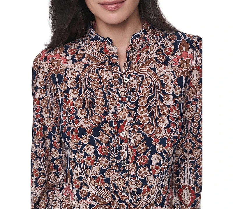 Tommy Hilfiger Women's Long Sleeve Mock Neck Button Front Blouse