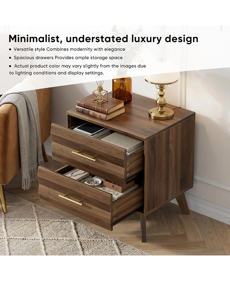 Streamdale Furniture Double Drawer Mid-Century Modern Bedside Table with Metal Handles