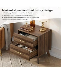 Streamdale Furniture Double Drawer Mid-Century Modern Bedside Table with Metal Handles