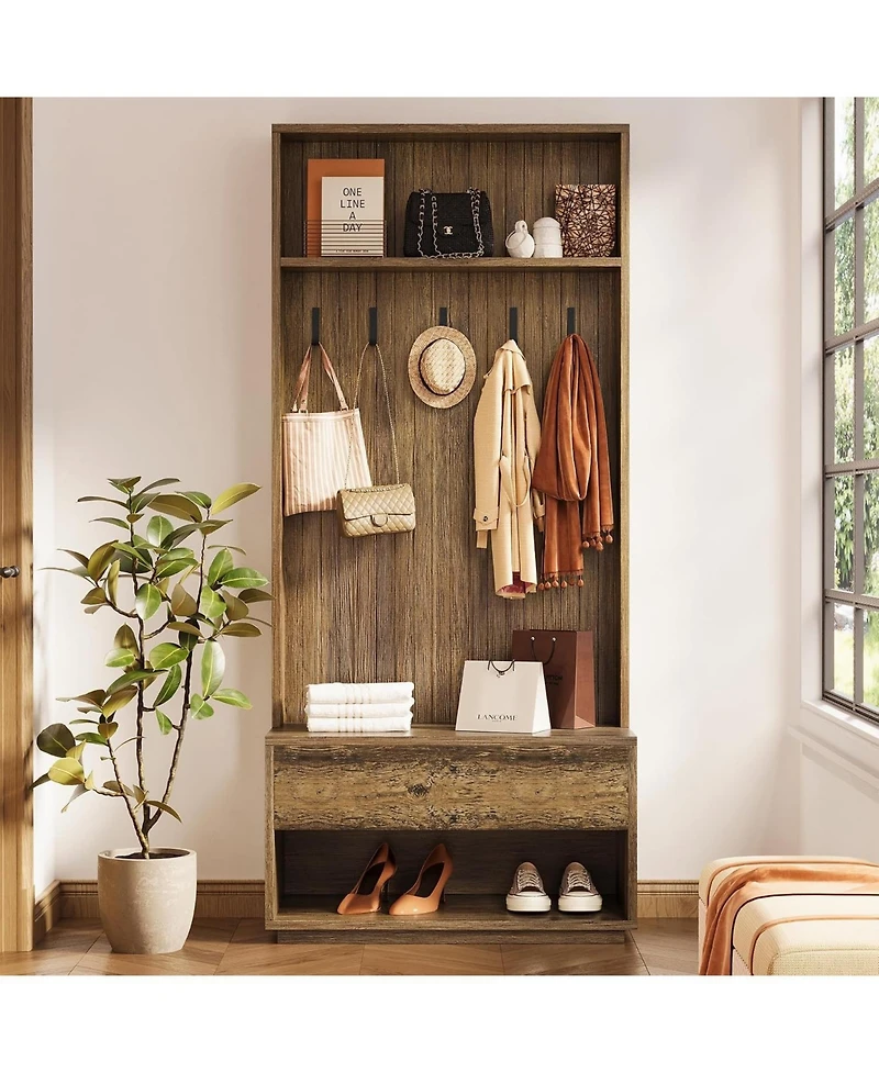 Tribesigns Hall Tree with Bench and Shoe Storage, Entryway Coat Rack with Shoe Bench and Drawer, 5 Hooks, Freestanding Hall Tree Organizer