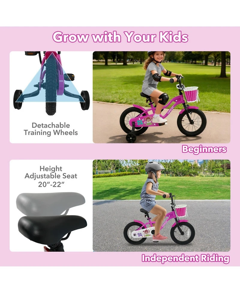 Hongge 14-Inch Kids Bike with Removable Training Wheels, Front Basket and Dual Brakes, Ages 3-5