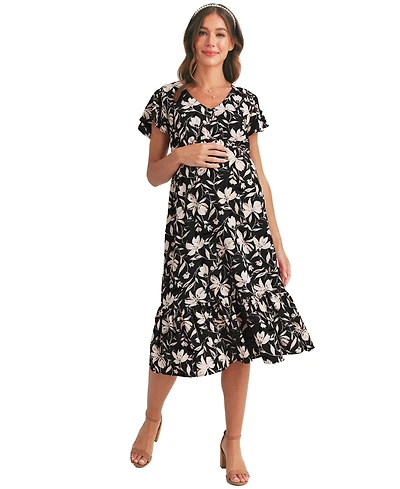 Hello Miz Maternity Floral-Print Flutter-Sleeve Dress