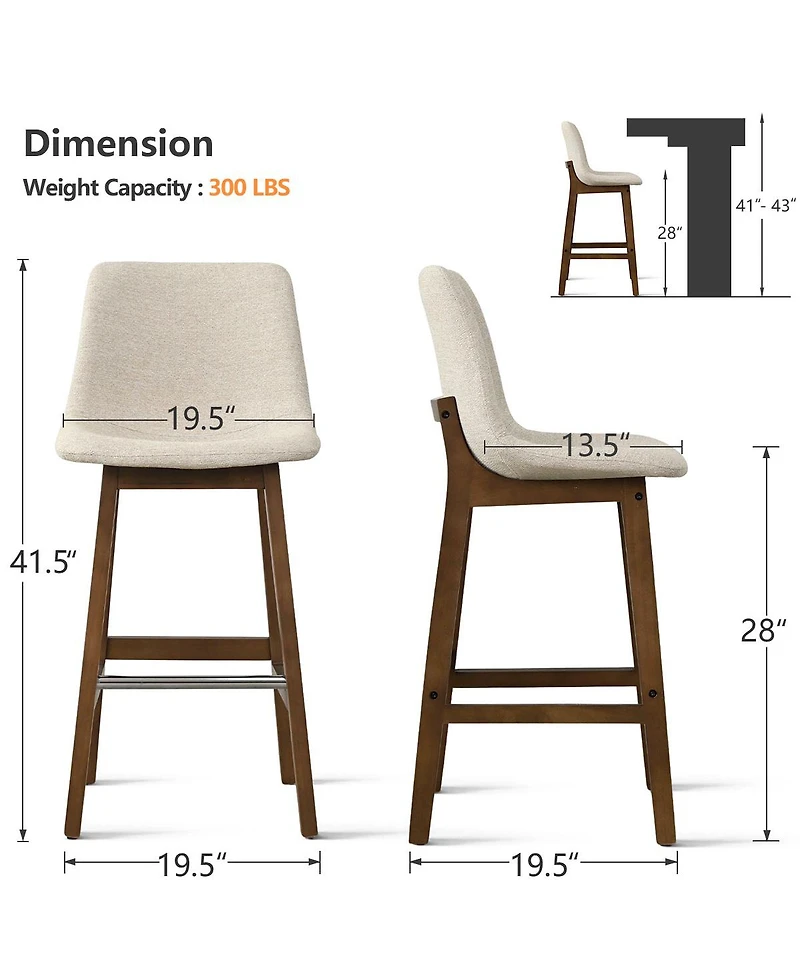 Maison Boucle Set of 6 Counter Height Bar Stools, Polyester Upholstered, Solid Wood Frame, Low Back Scoop