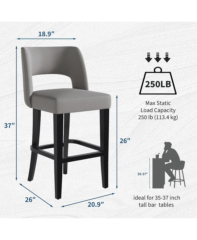 homfan Bar Stools Set of 4 Upholstered Bar Height Stools with Wood Legs, Ergonomic Backrest, for Kitchen Island Dining Room Bar