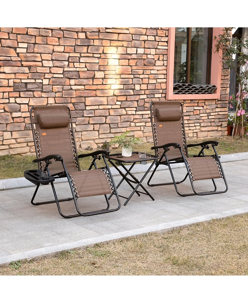 Mountaintop Zero Gravity Chair Set 3 Piece Recliner with Side Table Cup Holder Headrest Brown Poolside Camping