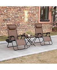 Mountaintop Zero Gravity Chair Set 3 Piece Recliner with Side Table Cup Holder Headrest Brown Poolside Camping