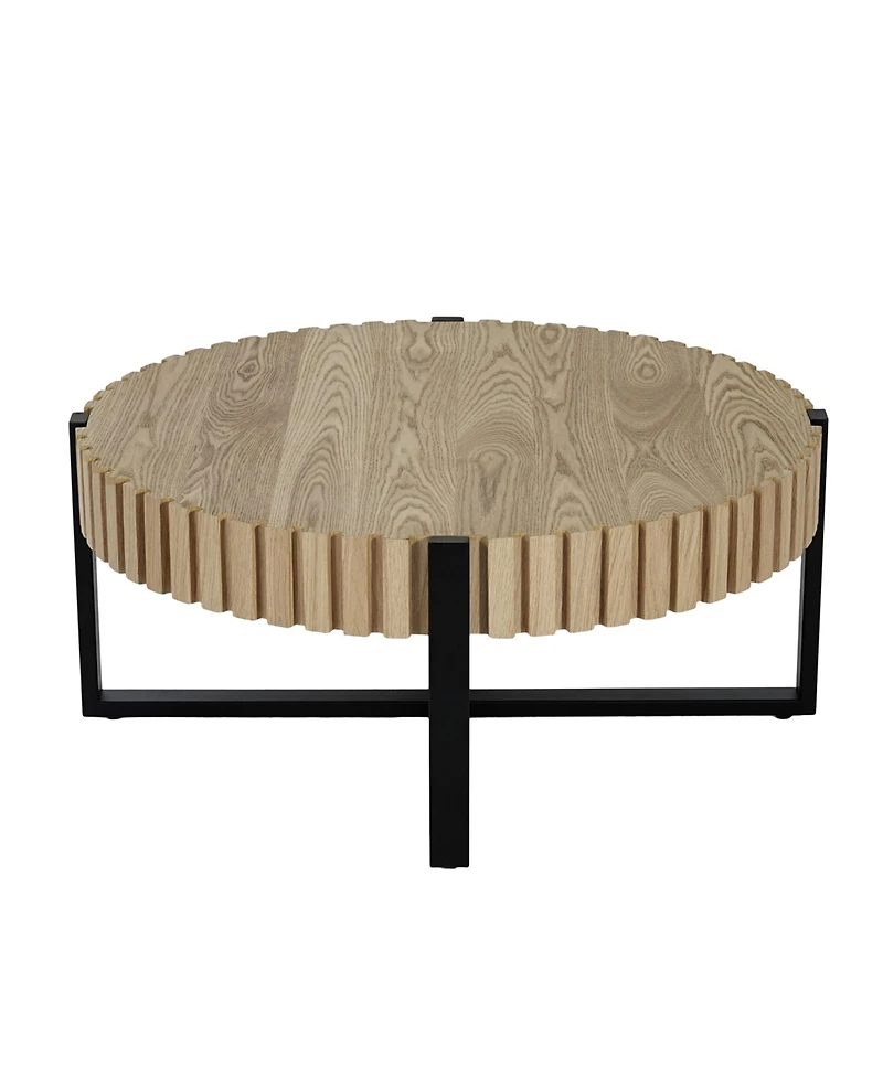 Flynama 31.5" Round Drum Coffee Table Mdf Wood Grain Industrial Metal Base