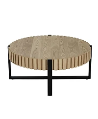 Flynama 31.5" Round Drum Coffee Table Mdf Wood Grain Industrial Metal Base